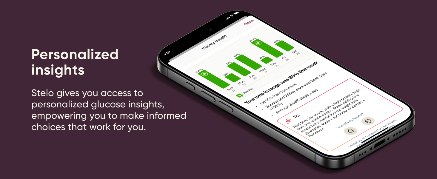 Stelo gives personalized glucose insights, empowering you to make informed choices that work for you