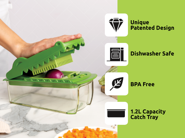 Dishwasher-safe veggie chopper with a unique patented design, BPA-free, and stainless steel blades.