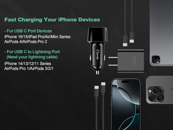 usb c car charger and 45W wall charger fast charge your iphone 16 pro in the car and home/travel