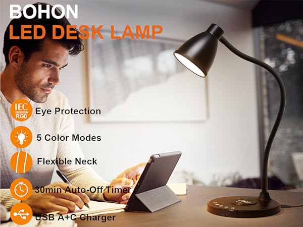 LED Desk Lamp for Home Office Light USB Charging Ports Bedside Table Lamp for College Dorm Room