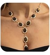 Lcineic Long Chunky Gold Brown Crystal Pendant Y Necklace for Women Vintage, Fashion Beaded Oval ...