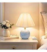 Komothala Bedside Table Lamp, Ceramic Stepless Dimmable Lamp with Scalloped Fabric Shade,Decorati...