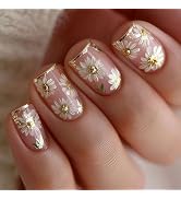 Nude Pink Daisy French Press On Nails - Short Square Glossy Fake Nails White Daisy Floral Full Co...