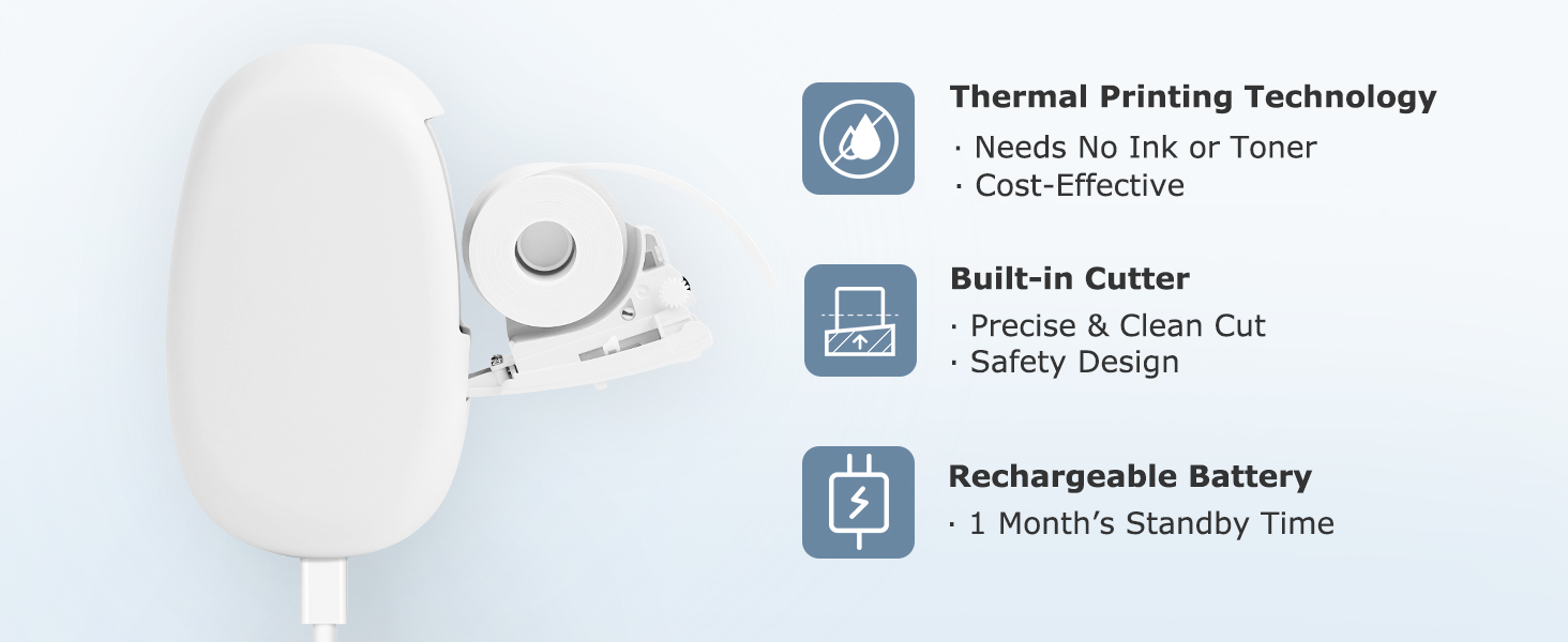 Ink-free label maker: Built-in cutter &amp; rechargeable battery