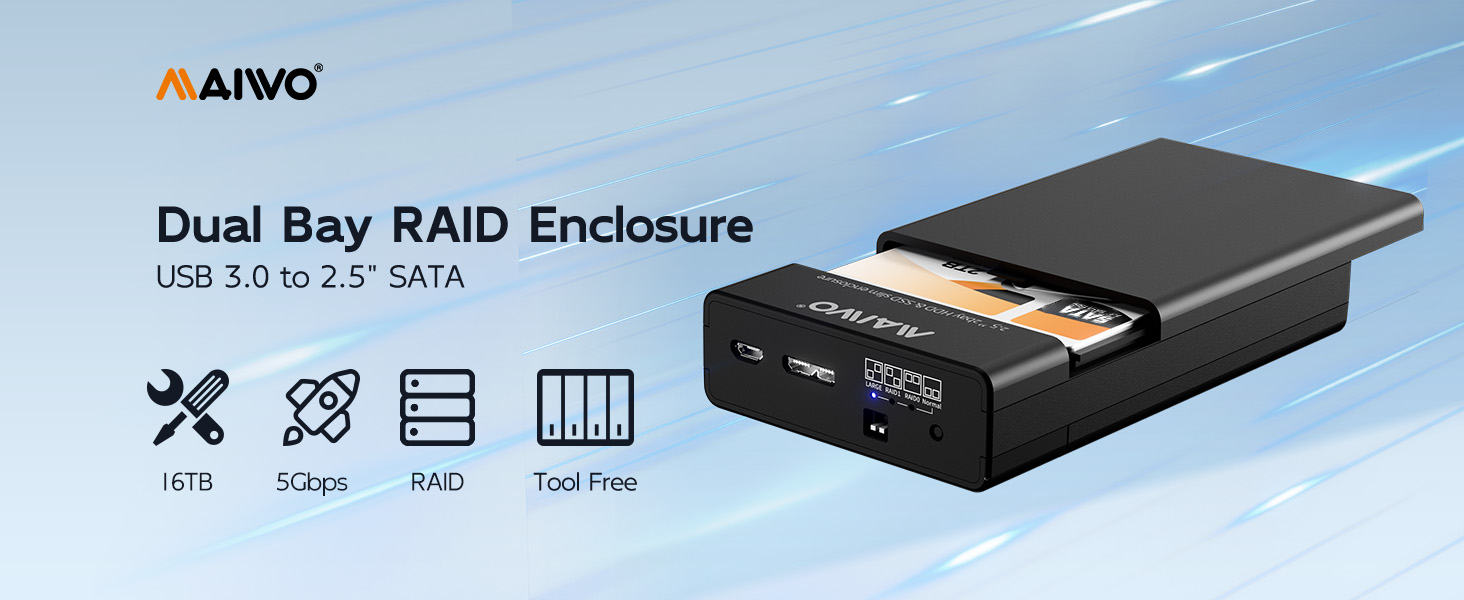 dual bay 2.5 sata ssd hdd enclosure external 2.5 inch 7/9.5mm hard drive case raid enclosure