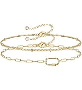 Dainty Gold Bracelets for Women, 14K Gold Filled Adjustable Layered Bracelet Cute Evil Eye Oval C...