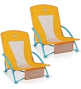 Low Beach Chairs 2 Pack,Folding Compact Low Seat Chairs for Adults w/Mesh Back,Cup Holder &amp; Stora...