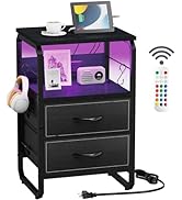 runjuly Nightstand with Light, LED End Table with Drawers and Charging Station Type C Port, Small...