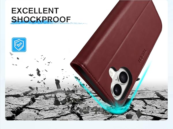 TUCCH Case Wallet for iPhone 16, [TPU Shockproof Shell], Kickstand PU Leather Stand Protective Cover
