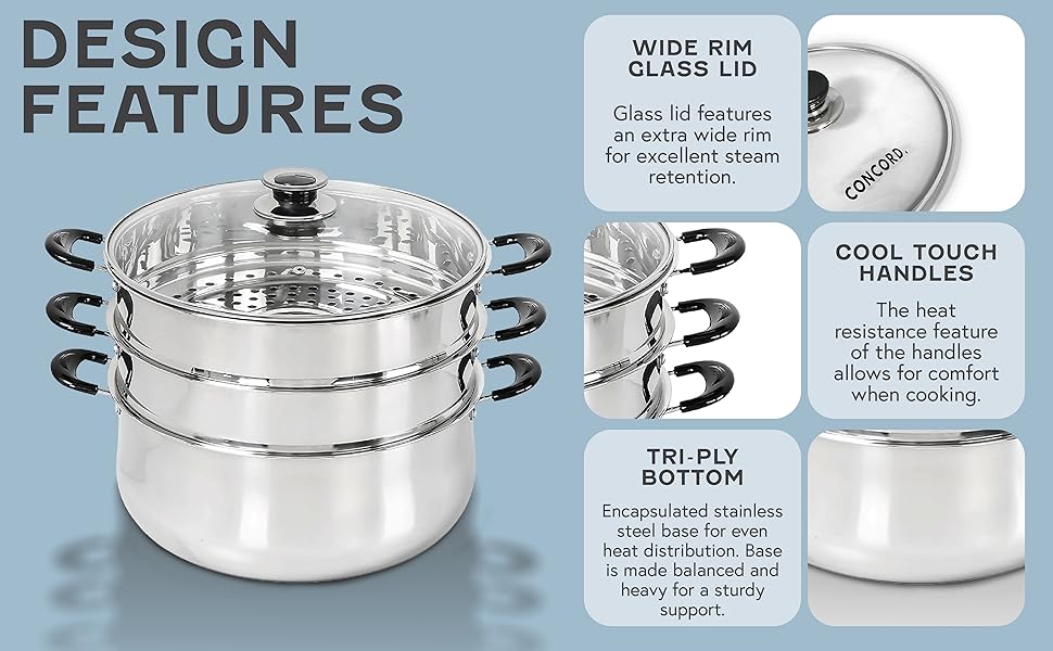 wide rim glass lid, cool touch handles, tri-ply bottom