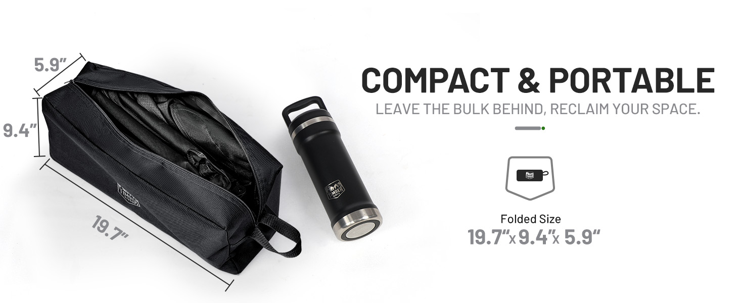 Compact folded size 19inch x 9inch x 6inch; fits in car trunks, RVs