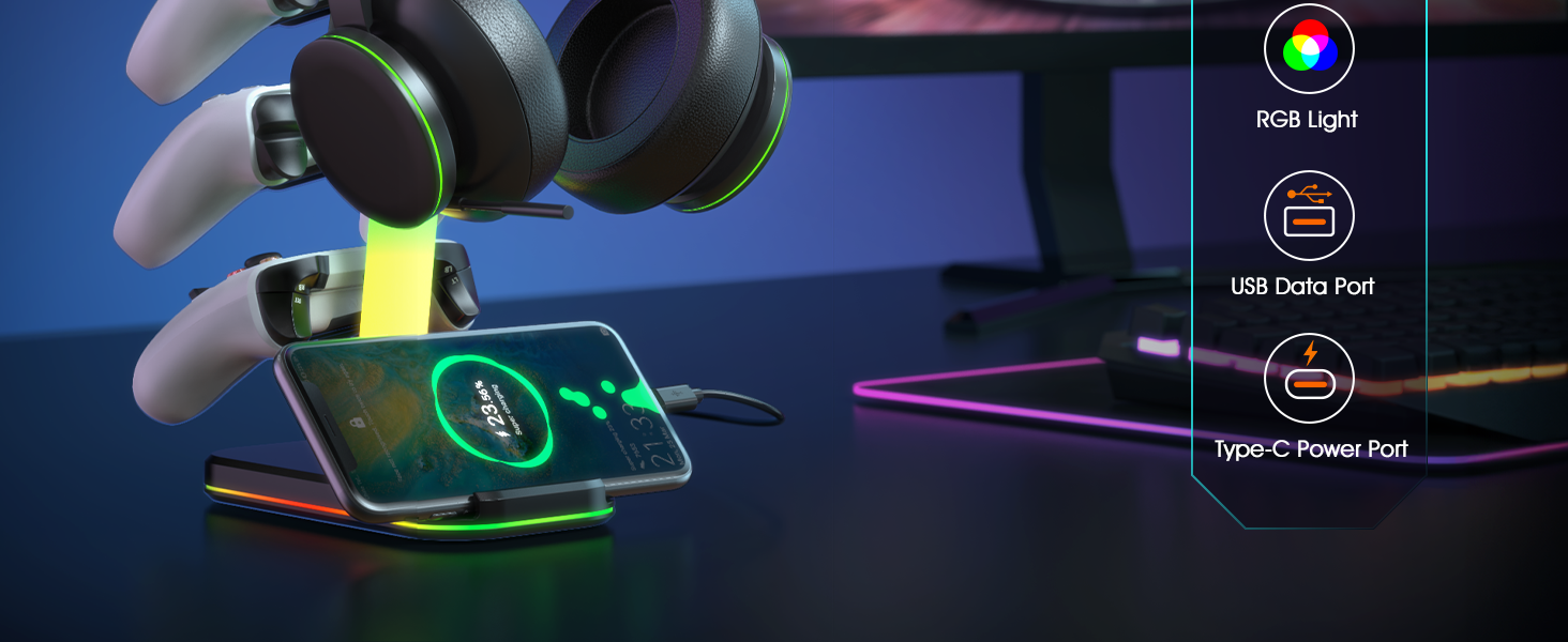 RGB Gaming Headset Stand &amp;amp; Controller Holder with Charging Station