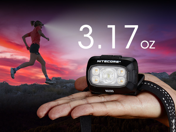 A woman runs at dusk with the NU30, a hand holds out the NU30 in the foreground. 