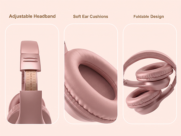 Adjustable headband, soft ear cushions, and portable foldable design.