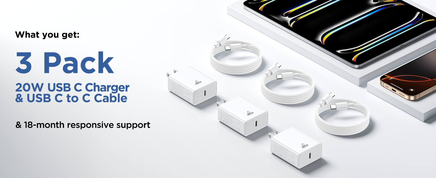iPhone 17 Charger Fast Charging, 3Pack 20W Type C Charger USBC Block Wall Plug C Port Cargador Brick