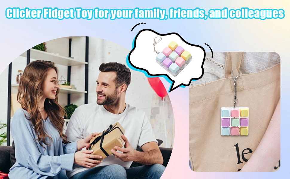 Text reads 'Sticker Fidget Toy for your family, friends and colleagues'. Collage showing multiple people interacting with and enjoying fidget stickers in various settings.