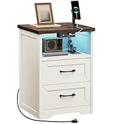 AODK Farmhouse Nightstand with Charging Station &amp; RGB Light Strip, End Tables with Two Drawers an...