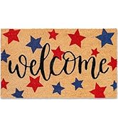 Whaline Patriotic Natural Coir Door Mat 4th of July Red Blue Star Welcome Mat Non-Slip Independen...