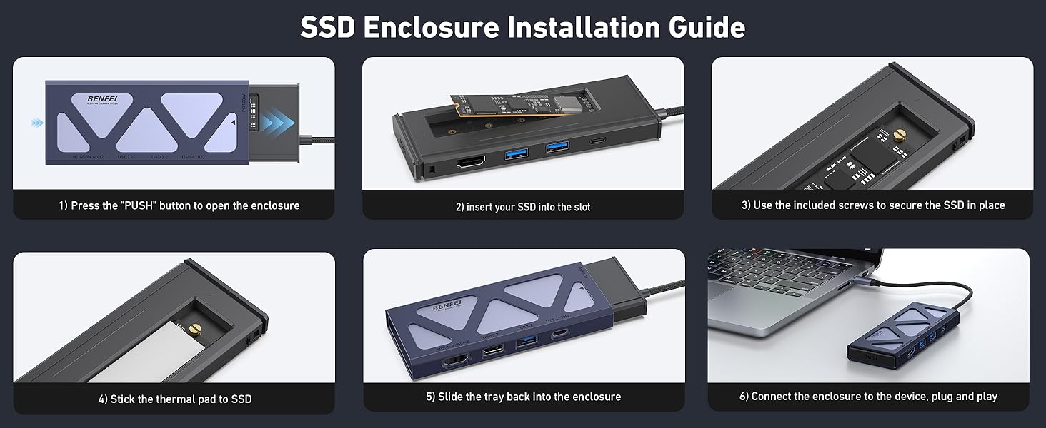 Text reads 'SSD Enclosure Installation Guide'. Step-by-step installation guide showing six panels demonstrating the process of installing an SSD drive into an enclosure.
