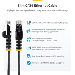 Black Slim CAT6 Ethernet Cable, Snagless, 100W PoE, UTP, LSZH, 28AWG Pure Bare Copper Wire