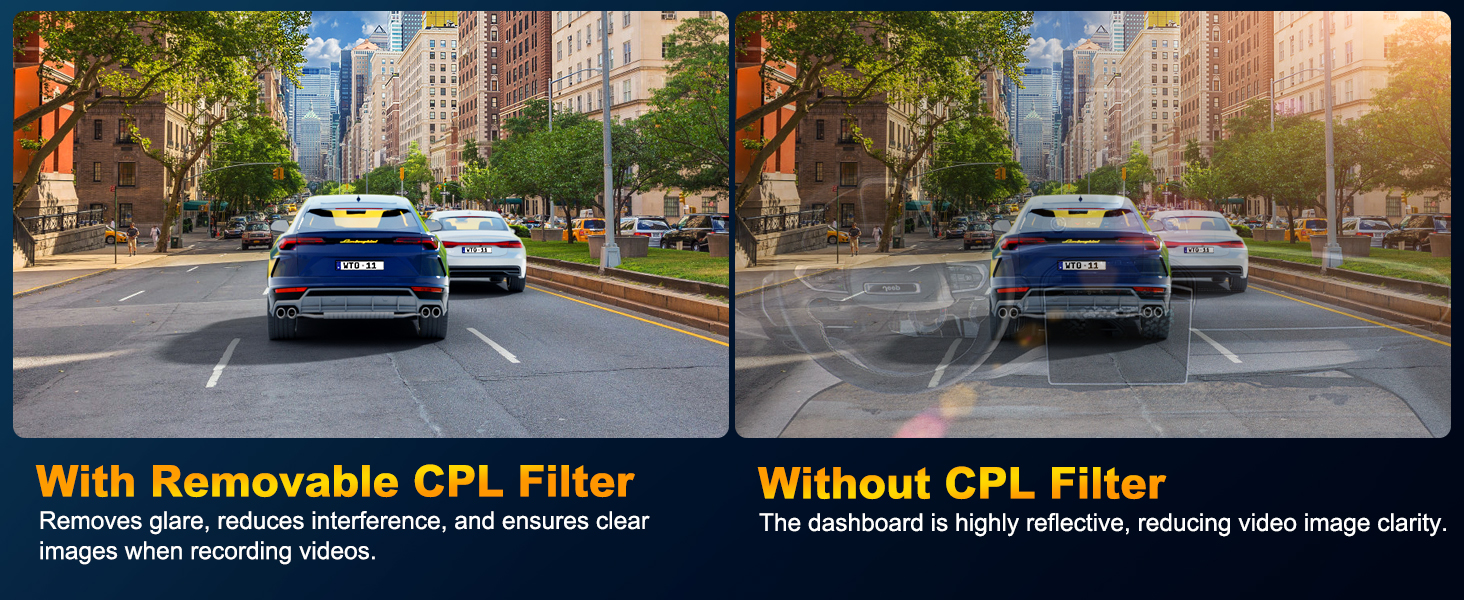 Side-by-side comparison showing effect of CPL filter on car photography - left image with filter reducing glare, right image without filter showing more reflections.
