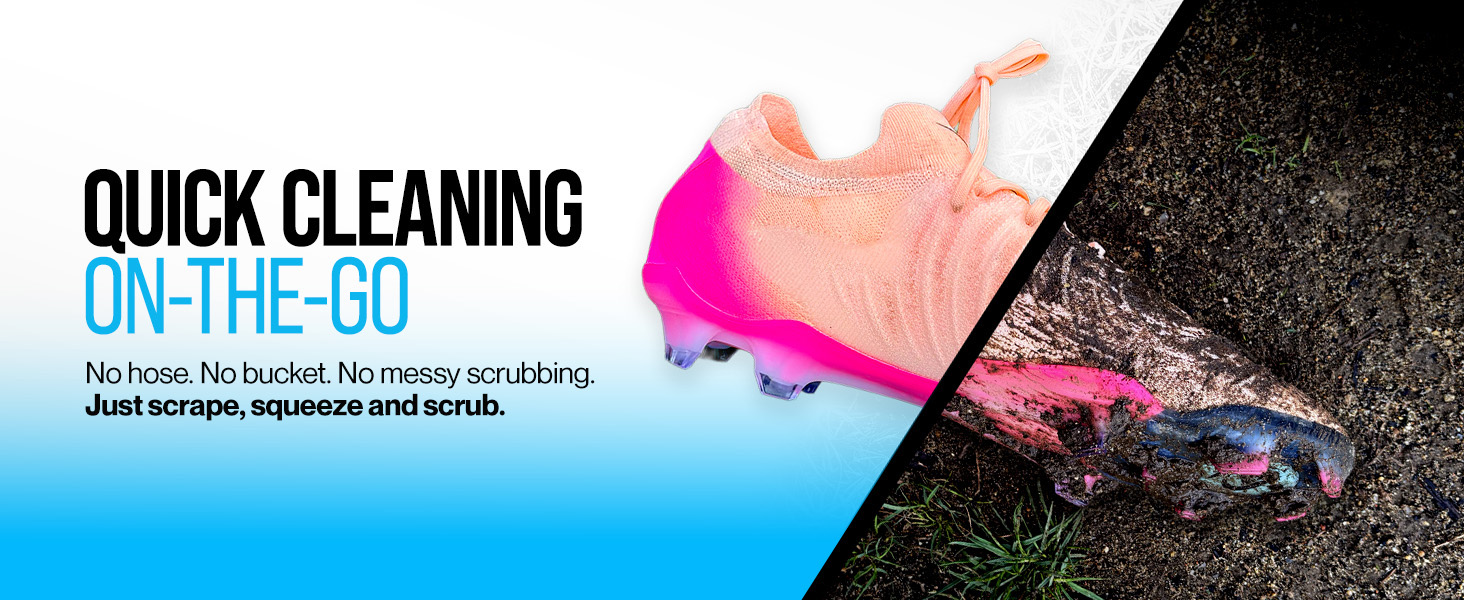 Text reads 'QUICK CLEANING' and 'ON-THE-GO'. Product image shows cleaning cloth or pad removing debris from dark surface with pink and blue tones.