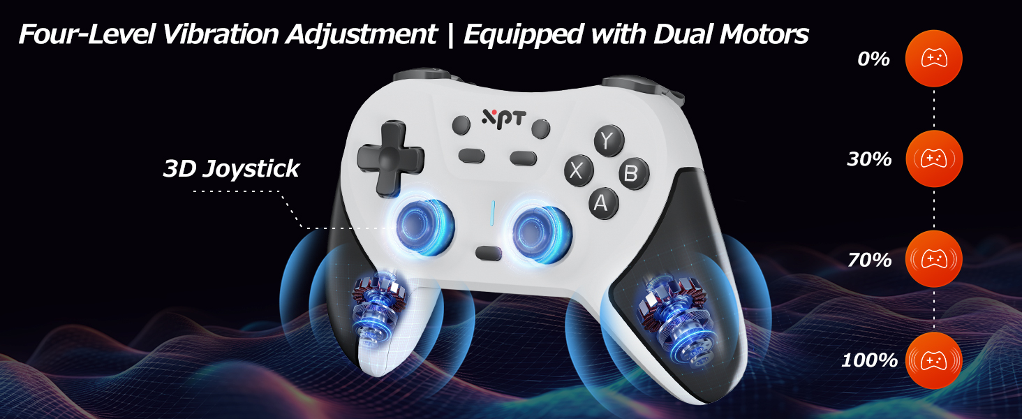 Wireless controller with dual vibration motors and 4-level intensity – Built-in dual rumble motors
