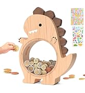Summidate Wooden Dinosaur Piggy Bank for Kids,Cute Dino Money Saving Box for Boys Girls,Unbreakab...