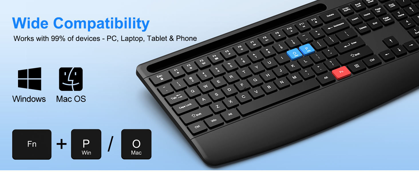 Wireless Keyboard and Mouse, Comfort Ergonomic Palm Rest Keyboard Mouse Combo Phone Holder
