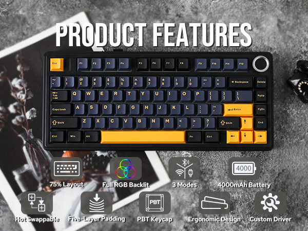 Mechanical keyboard with black keys and yellow accents. Product features listed below, including RGB backlight, 4000mAh battery, and hot-swappable switches.