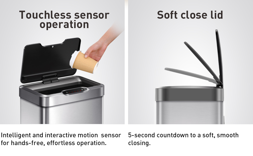 hands-free operation, quiet soft close lid