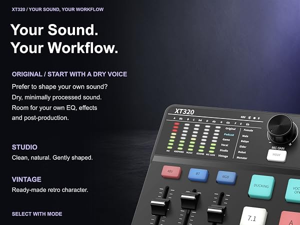 XT320 Original mode for dry vocals and post-production, plus Studio and Vintage sound presets.