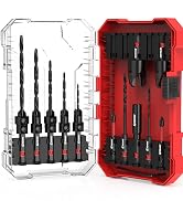 Set of black drill bits in ascending sizes displayed in transparent and red storage cases with organized compartments.