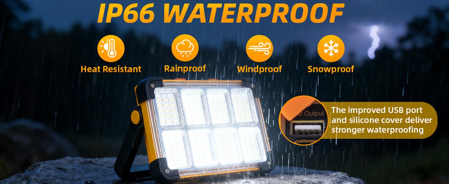 IP66 waterproof LED work light tested in heavy rain with weatherproof USB silicone cover