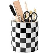 YOSCO Ceramic Checkered Pen Holder For Desk Cute Stand Gold Line Pencil Cup Pot Desk Organizer Ma...