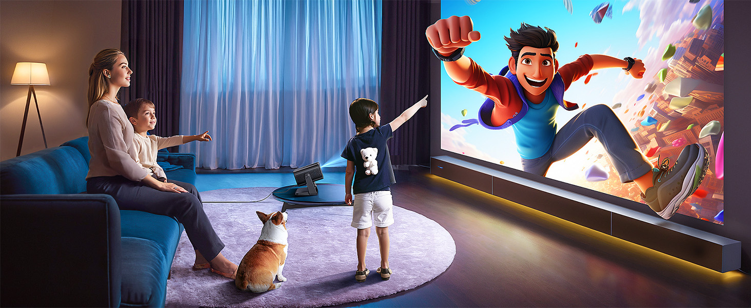 Large TV or projector screen displaying animated movie scene. People and dog watching from living room couch and floor.