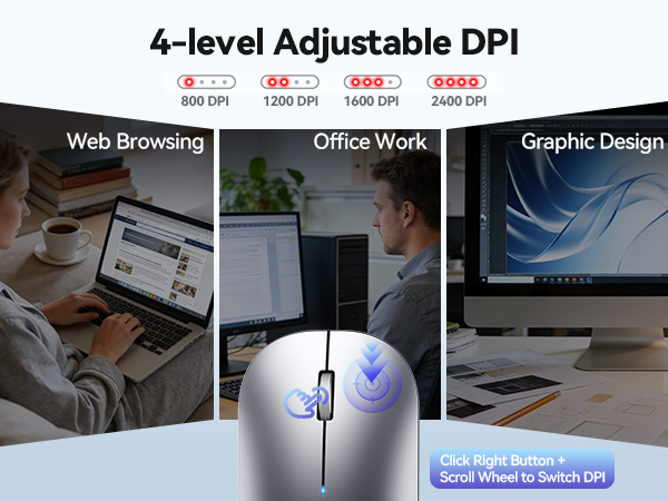 Demonstration of mouse DPI settings with cursor movement visualization at different sensitivity levels shown across multiple screens.