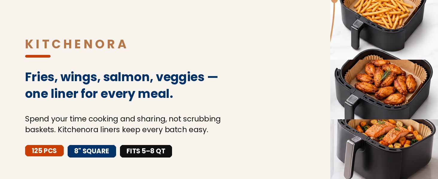 Kitchenora air fryer liners used for fries, wings and salmon in square baskets