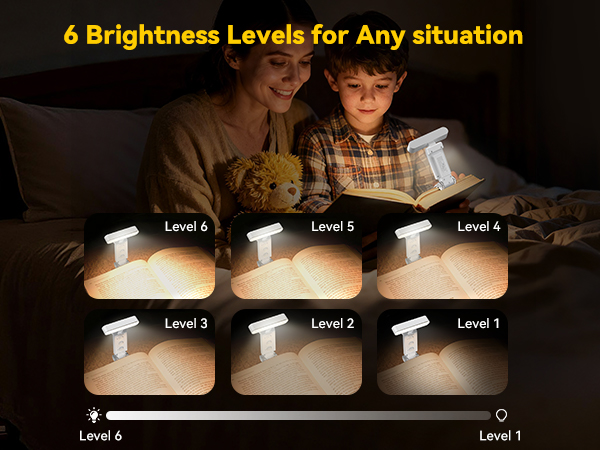 Rechargeable book light with 6 brightness levels for any situation