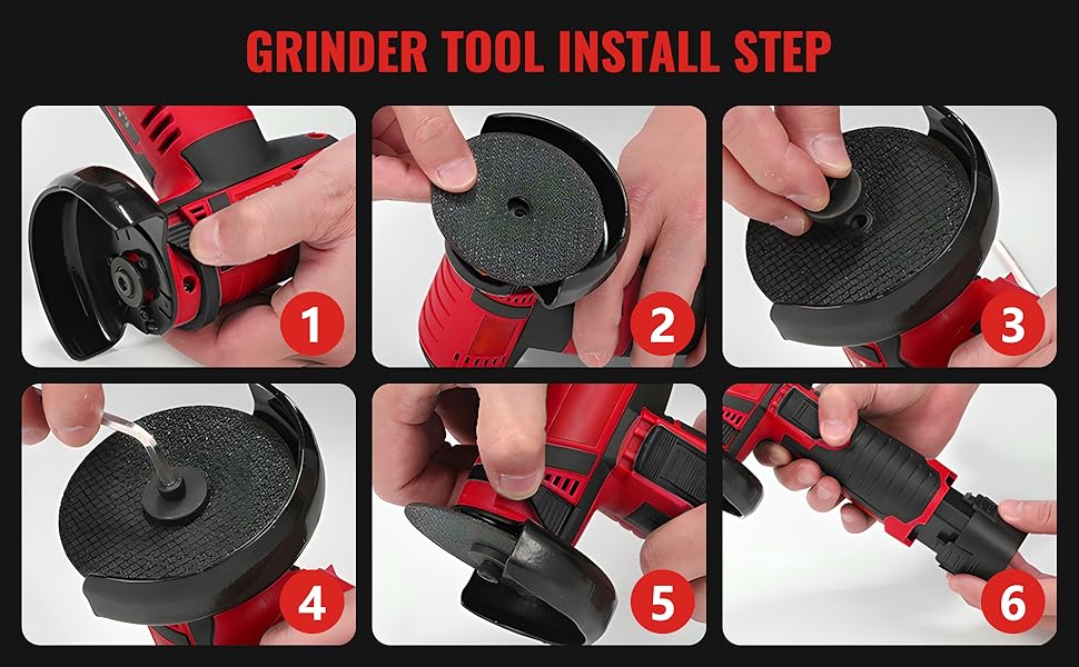 Six-step installation guide for grinder tool attachment, showing sequential steps for mounting black circular grinding disc to red power tool.
