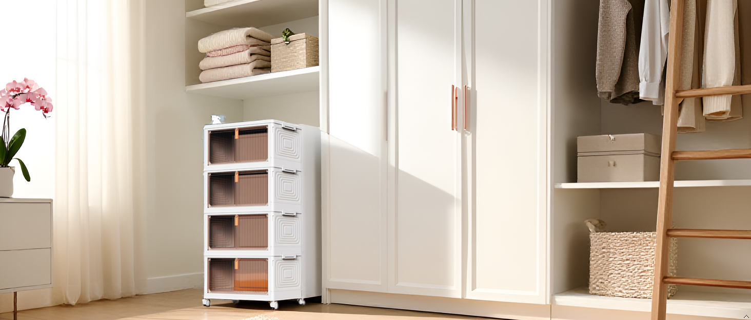 A neatly organized room corner with shelving, scattered craft supplies, small boxes, and pantry item