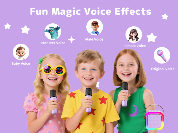 Text reads 'Fun Magic Voice Effects'. Purple banner with star decorations showing app or software interface elements.