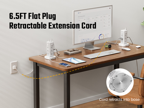 6.5ft flat plug retractable extension cord