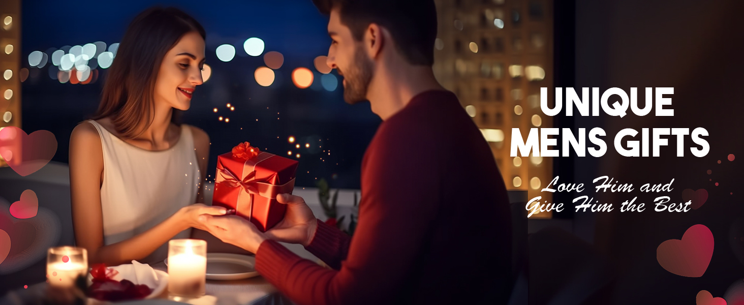Couple exchanging gift in romantic setting with candles and lights. Text overlay reads 'UNIQUE MENS GIFTS'.