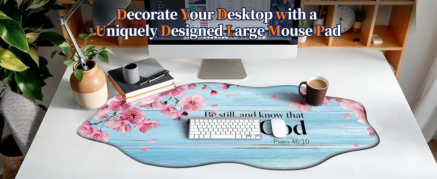 Decorative blue wood grain desk mat with inspirational quotes and cherry blossoms for office desk.