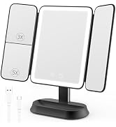 Rechargeable Lighted Makeup Mirror with 1X/3X/5X Magnification, Professional 3-Color LED Trifold ...