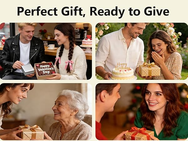 Text reads 'Perfect Gift, Ready to Give'. Series of images showing gift-giving moments between various people in different settings.