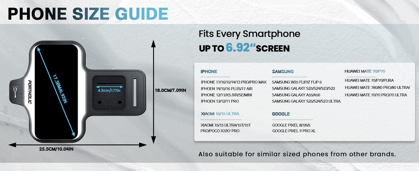 Text reads 'PHONE SIZE GUIDE', 'UPTO 6.5" SCREEN'. Technical diagram showing smartphone dimensions and specifications.