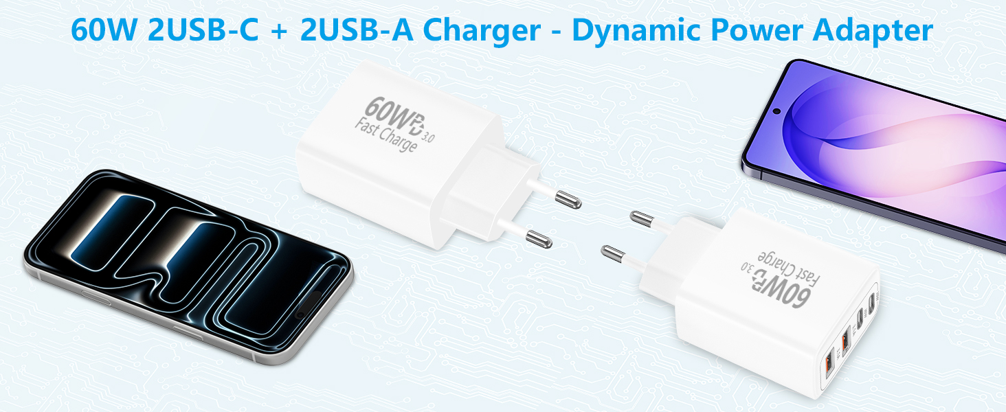 60W 2USB-C + 2USB-A Charger - Dynamic Power Adapter