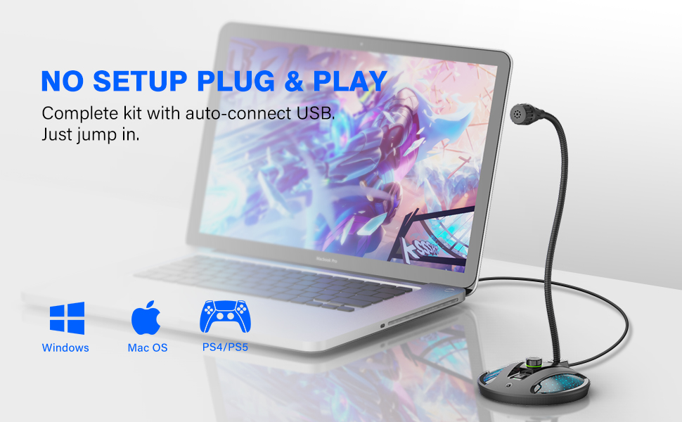 Plug-and-play USB computer microphone compatible with Mac and Windows systems.